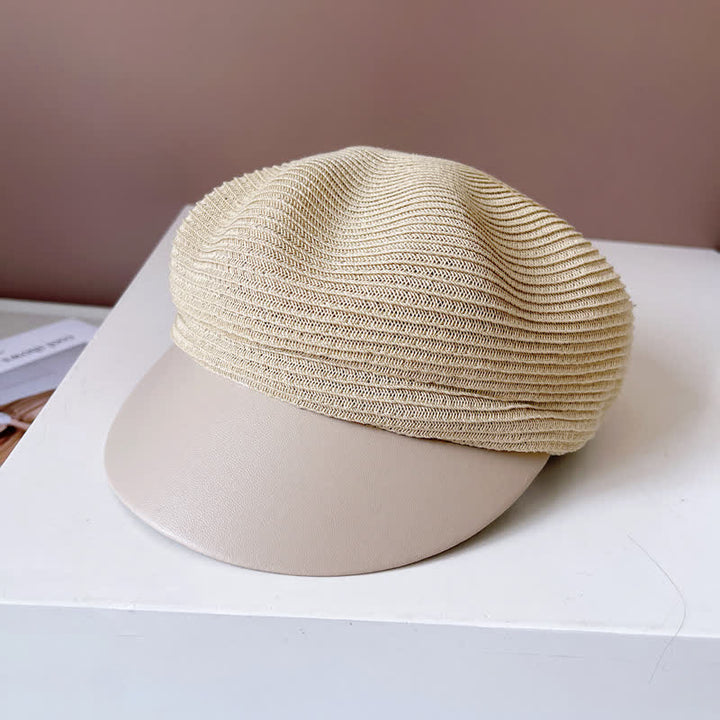 Women's Faux Leather Brim Panel Straw Beret Hat