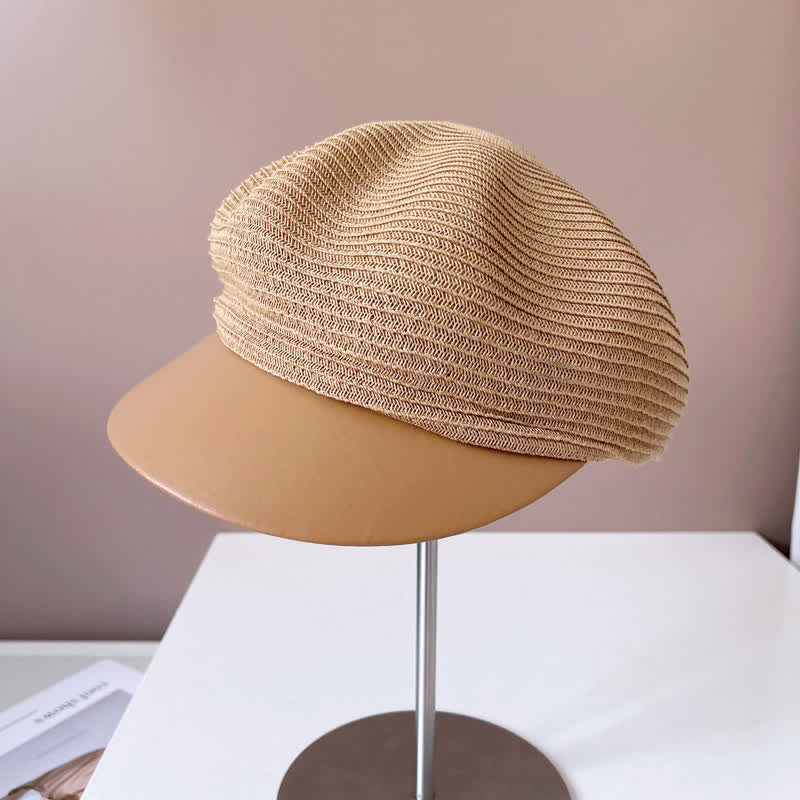Women's Faux Leather Brim Panel Straw Beret Hat