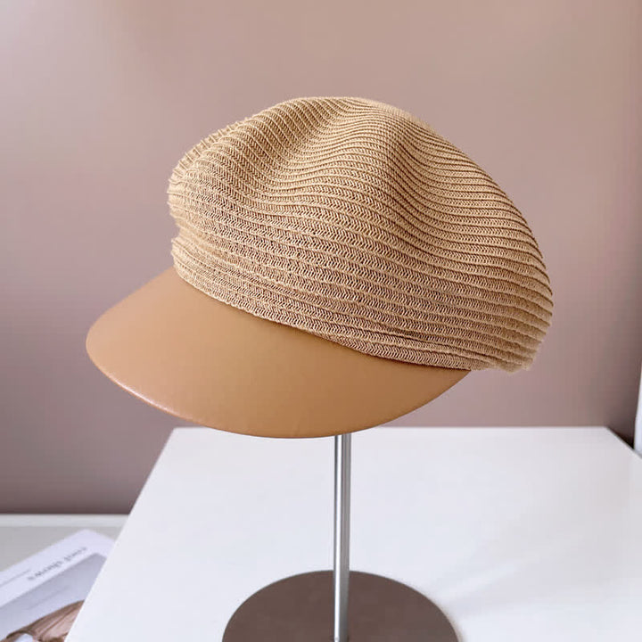 Women's Faux Leather Brim Panel Straw Beret Hat