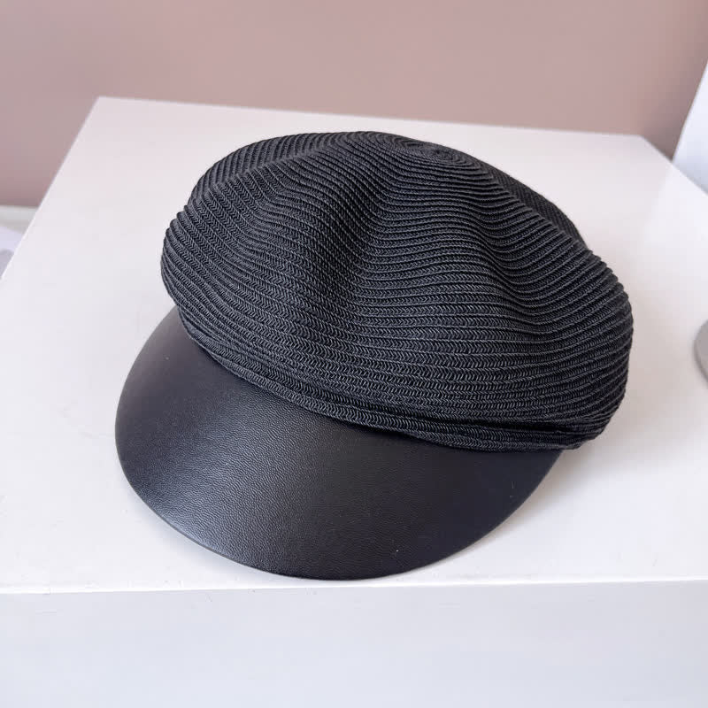 Women's Faux Leather Brim Panel Straw Beret Hat