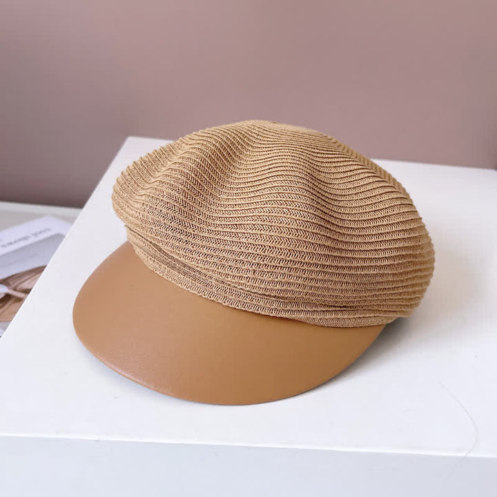 Women's Faux Leather Brim Panel Straw Beret Hat - Khaki - Adjustable (22"-22 7/8") - image 0