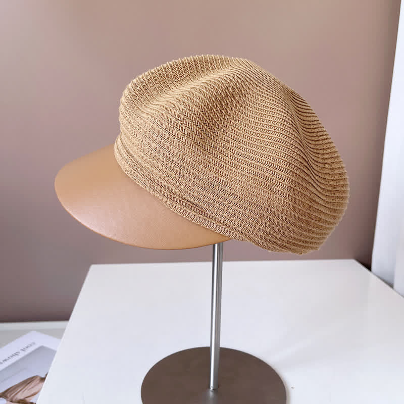 Women's Faux Leather Brim Panel Straw Beret Hat