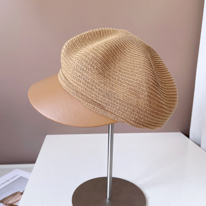 Women's Faux Leather Brim Panel Straw Beret Hat