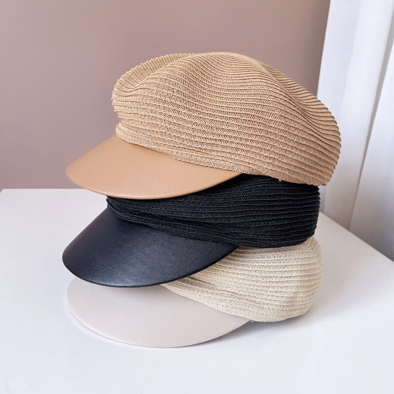 Women's Faux Leather Brim Panel Straw Beret Hat