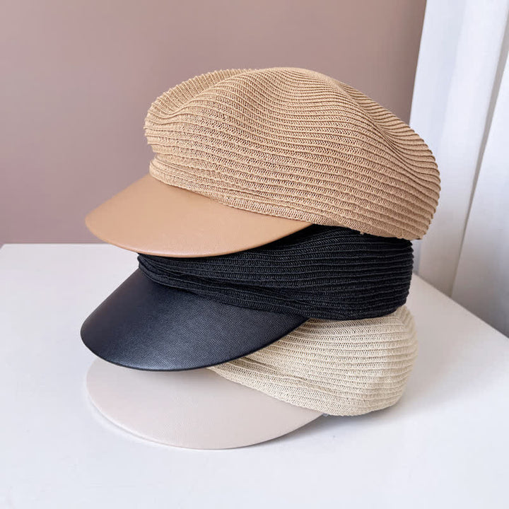Women's Faux Leather Brim Panel Straw Beret Hat