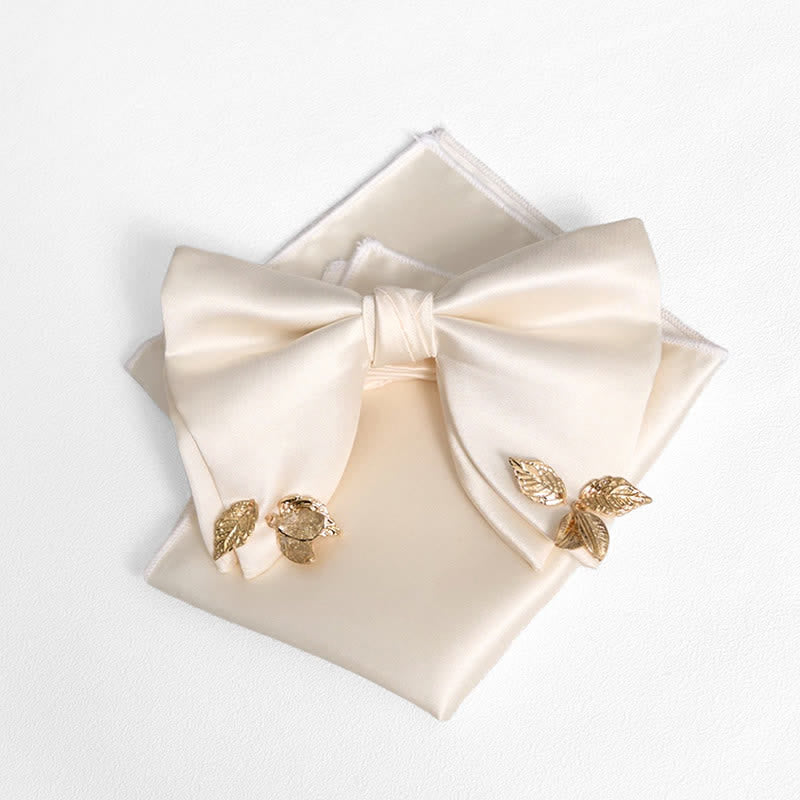 Men's Double-Layers Leaves Oversized Bow Tie Pocket Square - White - Bow Tie + Pocket Square - image 3