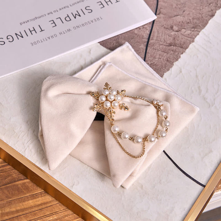 Men's Snowflake Pearl Chain Velvet Bow Tie Pocket Square