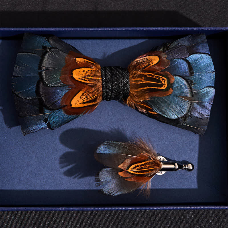 Kid's Navy & Rust Feather Bow Tie with Lapel Pin