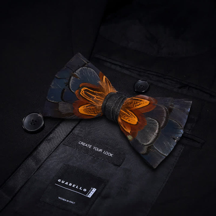 Kid's Navy & Rust Feather Bow Tie with Lapel Pin