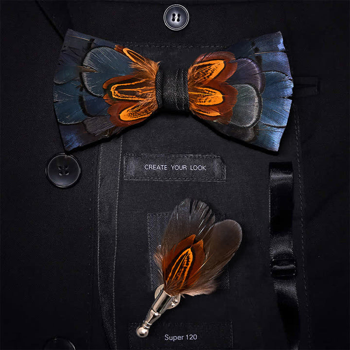 Navy & Rust Feather Bow Tie with Lapel Pin