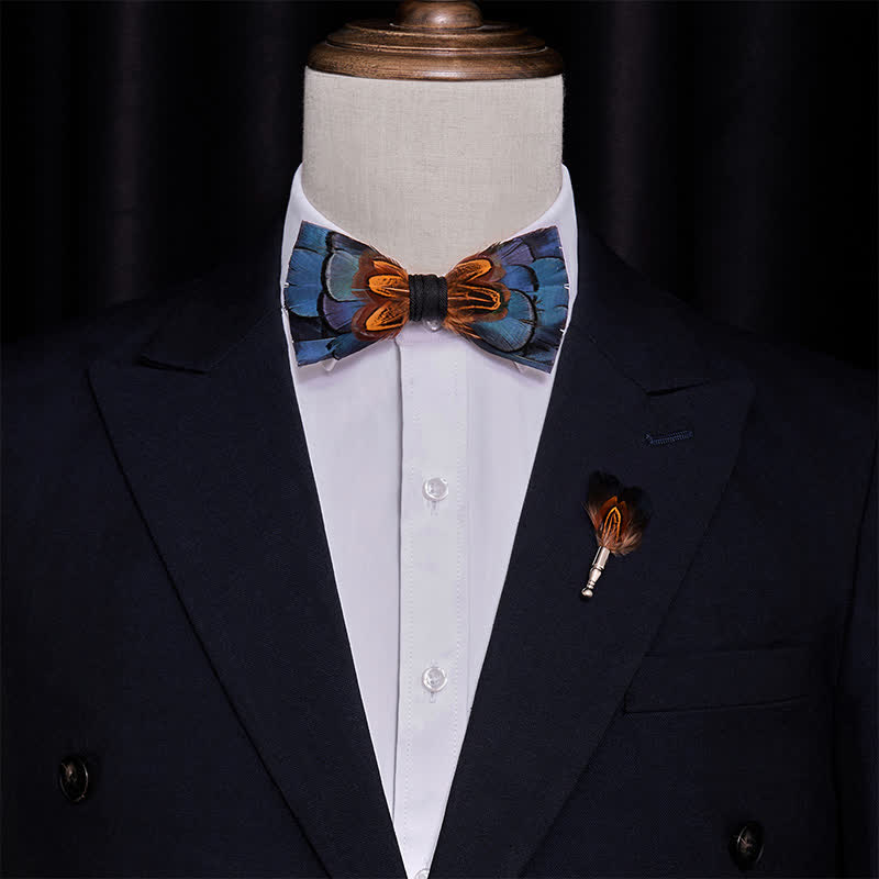 Navy & Rust Feather Bow Tie with Lapel Pin