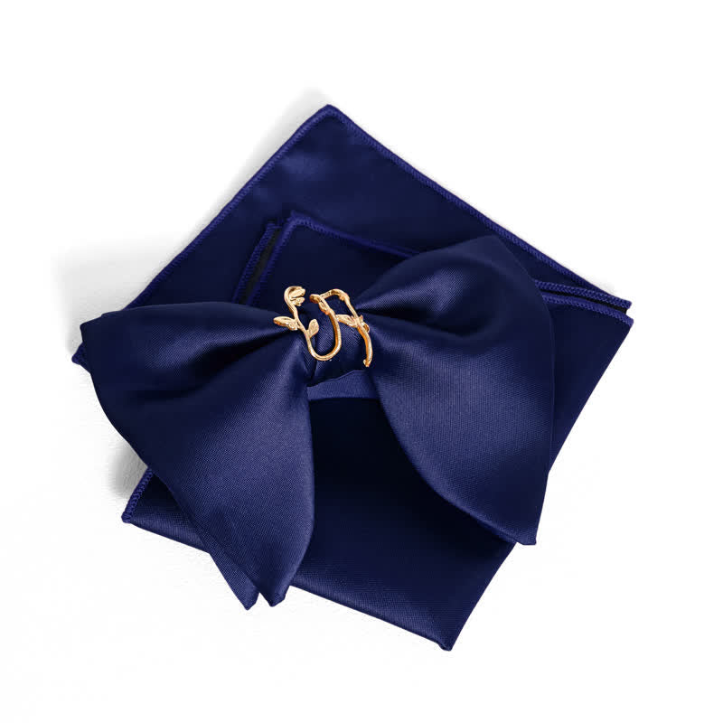 Men's Gold Vine Leaf Oversized Pointed Bow Tie Pocket Square - Navy - Bow Tie + Pocket Square - image 13