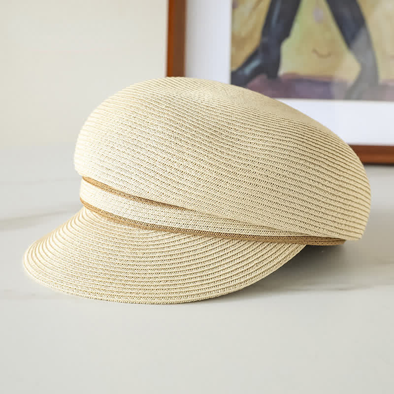 Women's Classic Striped Woven Visor Beach Straw Newsboy Hat