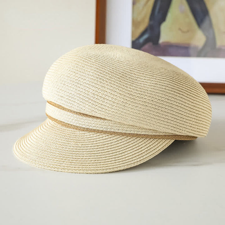 Women's Classic Striped Woven Visor Beach Straw Newsboy Hat