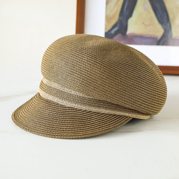 Women's Classic Striped Woven Visor Beach Straw Newsboy Hat - Dark Khaki - Adjustable (21 5/8"-22 7/8") - image 4