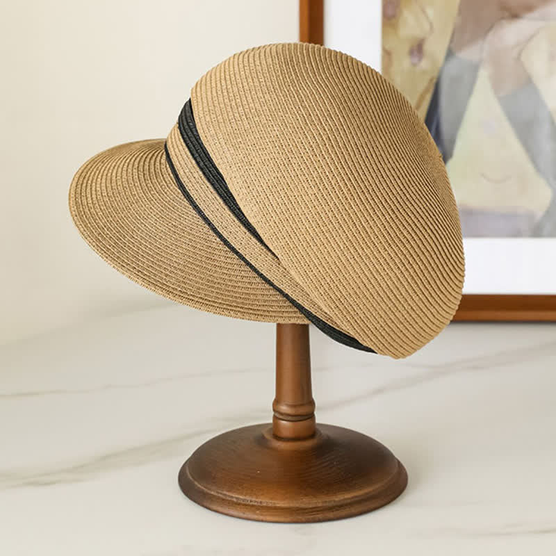 Women's Classic Striped Woven Visor Beach Straw Newsboy Hat