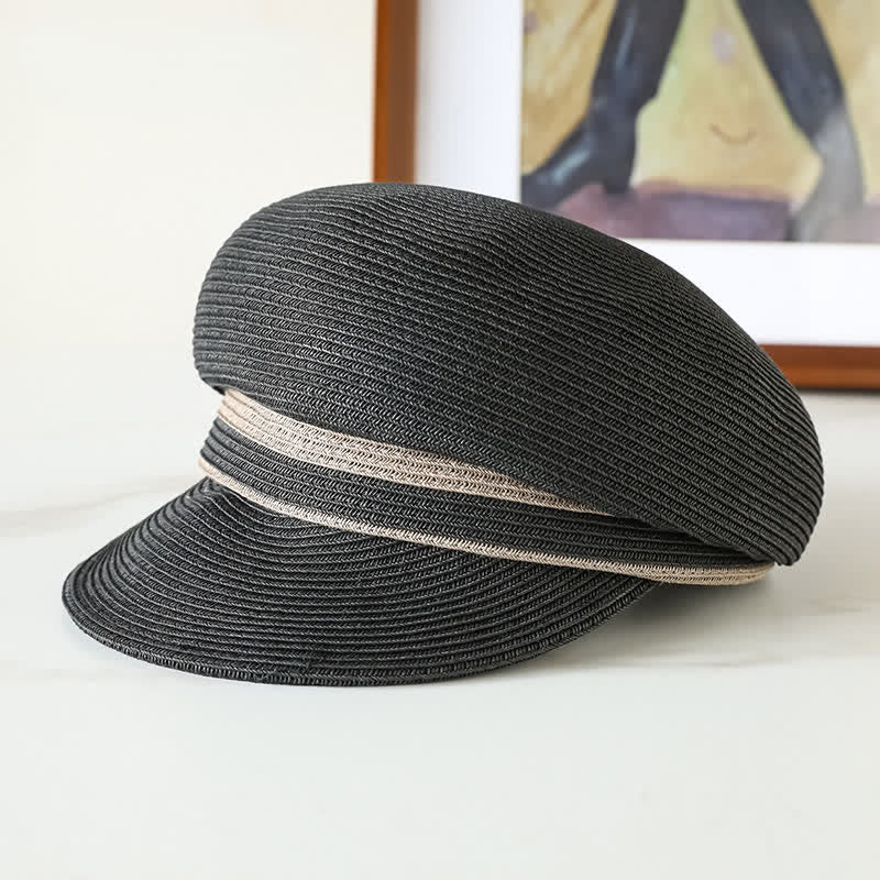 Women's Classic Striped Woven Visor Beach Straw Newsboy Hat - Black - Adjustable (21 5/8"-22 7/8") - image 6