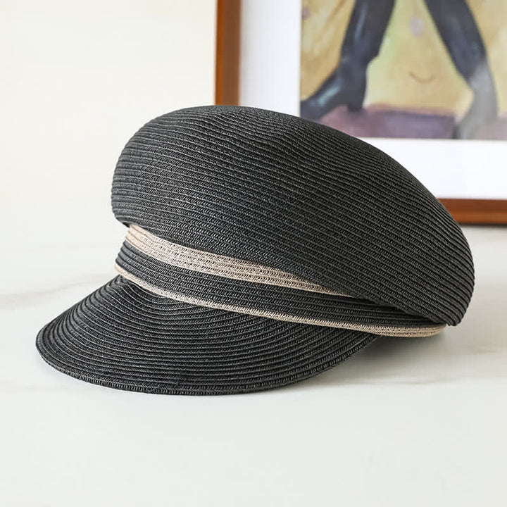 Women's Classic Striped Woven Visor Beach Straw Newsboy Hat - Black - Adjustable (21 5/8"-22 7/8") - image 6