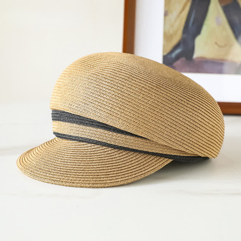 Women's Classic Striped Woven Visor Beach Straw Newsboy Hat - Khaki - Adjustable (21 5/8"-22 7/8") - image 0