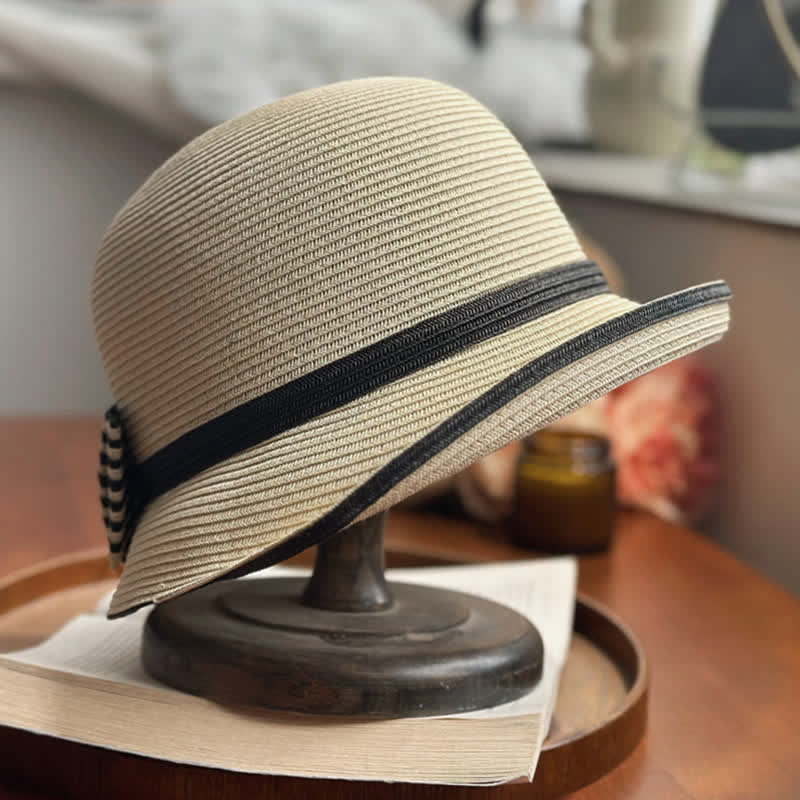 Women's Striped Bow Knot Beach Straw Fedora Hat