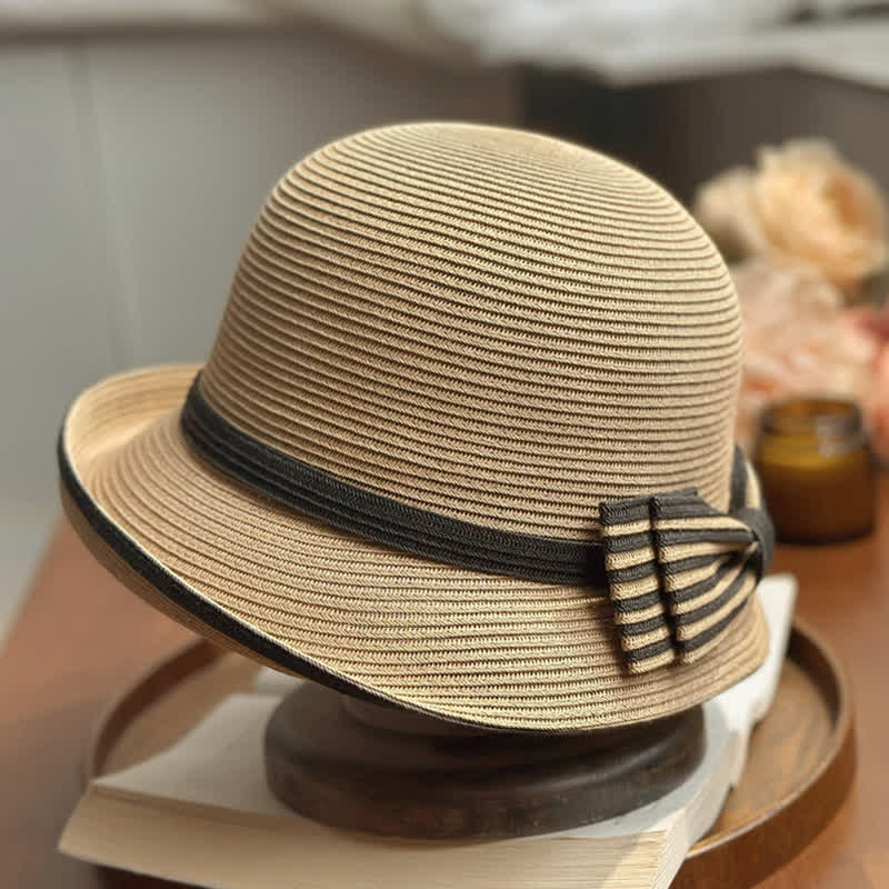 Women's Striped Bow Knot Beach Straw Fedora Hat - image 1