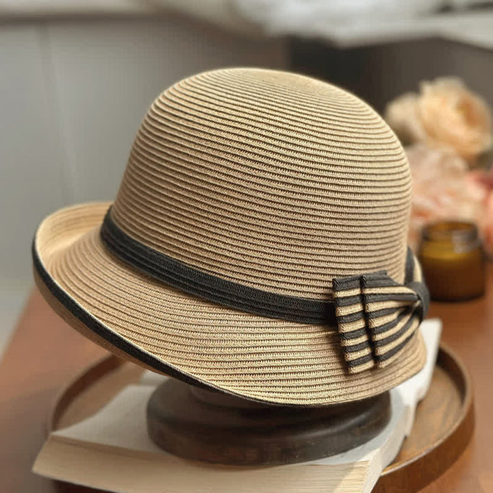 Women's Striped Bow Knot Beach Straw Fedora Hat - image 1