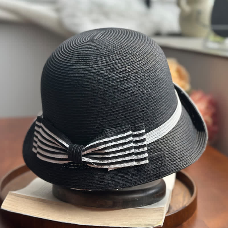 Women's Striped Bow Knot Beach Straw Fedora Hat - image 3