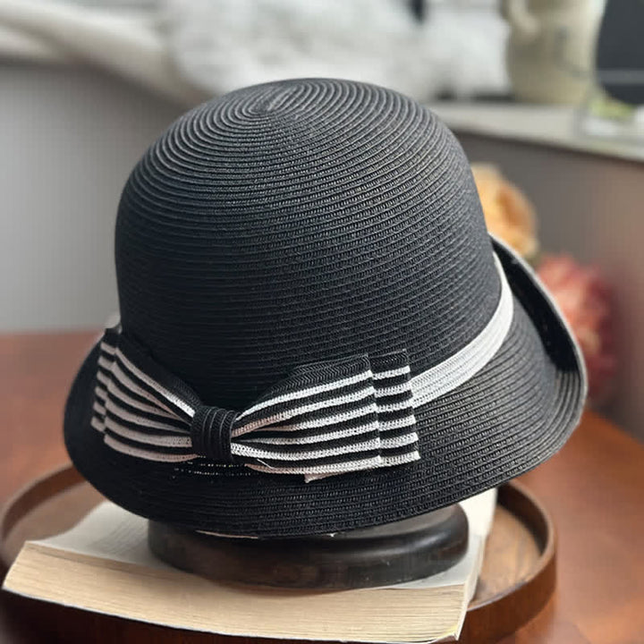 Women's Striped Bow Knot Beach Straw Fedora Hat - image 3