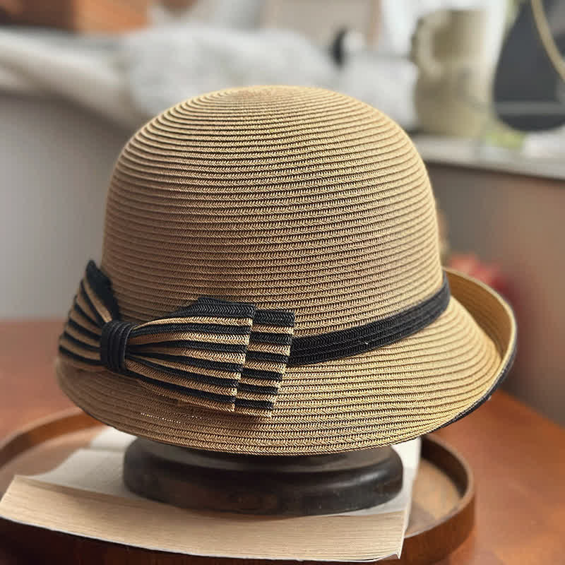 Women's Striped Bow Knot Beach Straw Fedora Hat - Khaki - Adjustable (22"-22 7/8") - image 0