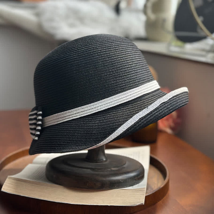 Women's Striped Bow Knot Beach Straw Fedora Hat - image 4