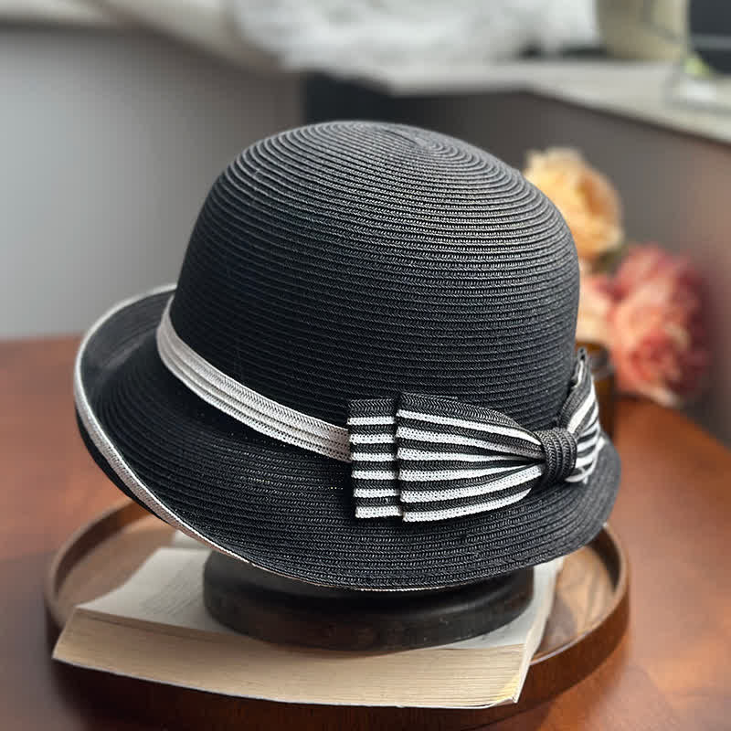 Women's Striped Bow Knot Beach Straw Fedora Hat - Black - Adjustable (22"-22 7/8") - image 2