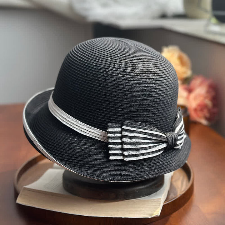 Women's Striped Bow Knot Beach Straw Fedora Hat - Black - Adjustable (22"-22 7/8") - image 2