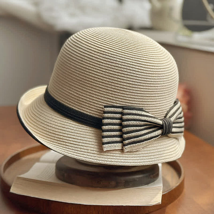 Women's Striped Bow Knot Beach Straw Fedora Hat - Beige - Adjustable (22"-22 7/8") - image 5