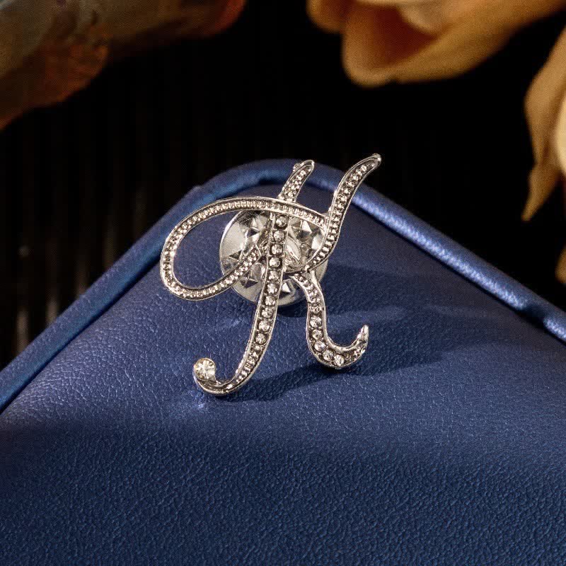 Initial Letter 26 Alphabet Silver Rhinestone Brooch