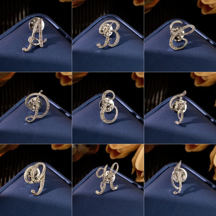 Initial Letter 26 Alphabet Silver Rhinestone Brooch