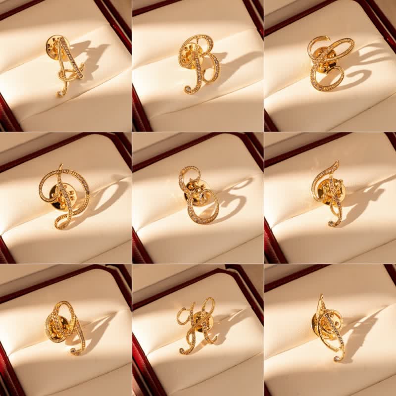 Gold Initial Letter 26 Alphabet Rhinestone Brooch - image 1