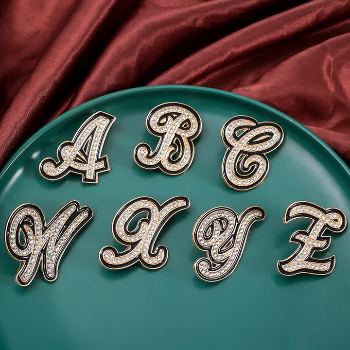 Black Enameled Initial Letter Rhinestone 26 Alphabet Brooch