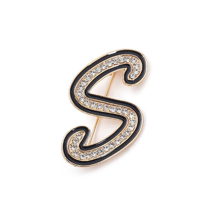 Black Enameled Initial Letter Rhinestone 26 Alphabet Brooch