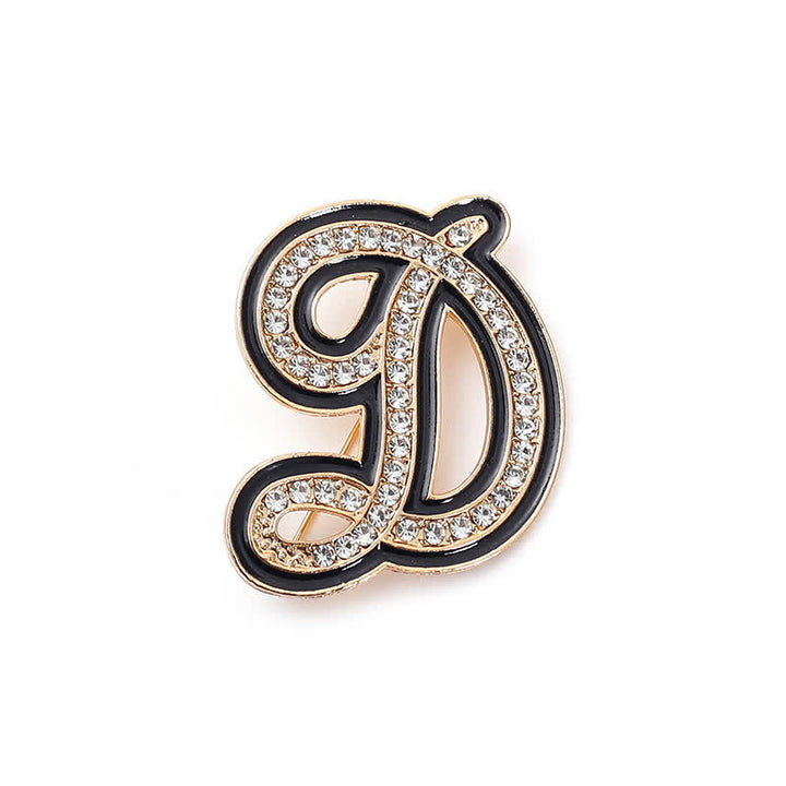 Black Enameled Initial Letter Rhinestone 26 Alphabet Brooch