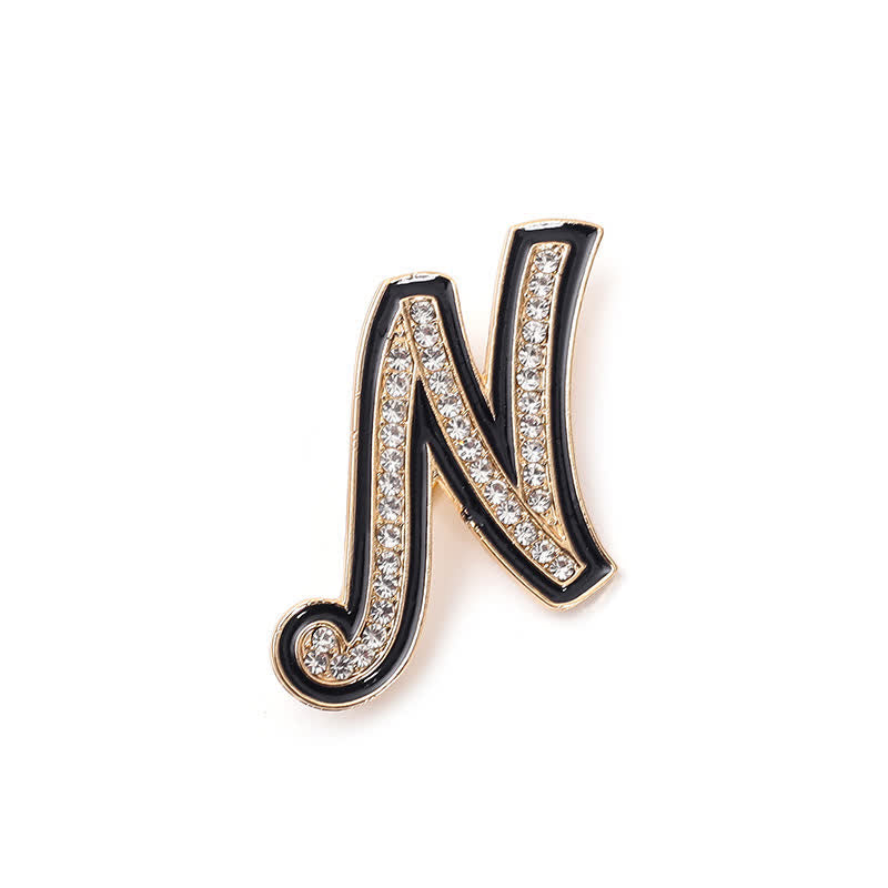 Black Enameled Initial Letter Rhinestone 26 Alphabet Brooch