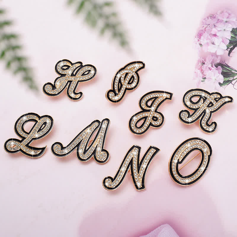 Black Enameled Initial Letter Rhinestone 26 Alphabet Brooch