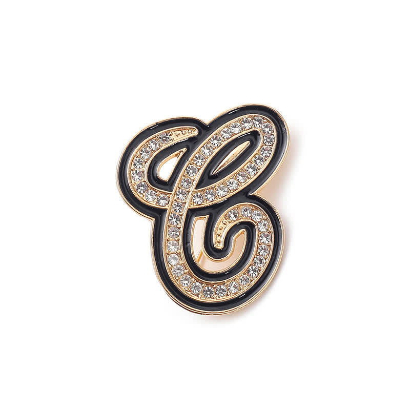 Black Enameled Initial Letter Rhinestone 26 Alphabet Brooch