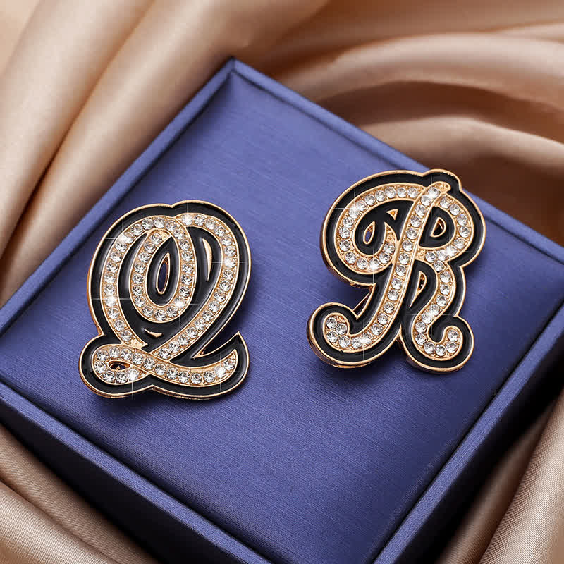 Black Enameled Initial Letter Rhinestone 26 Alphabet Brooch