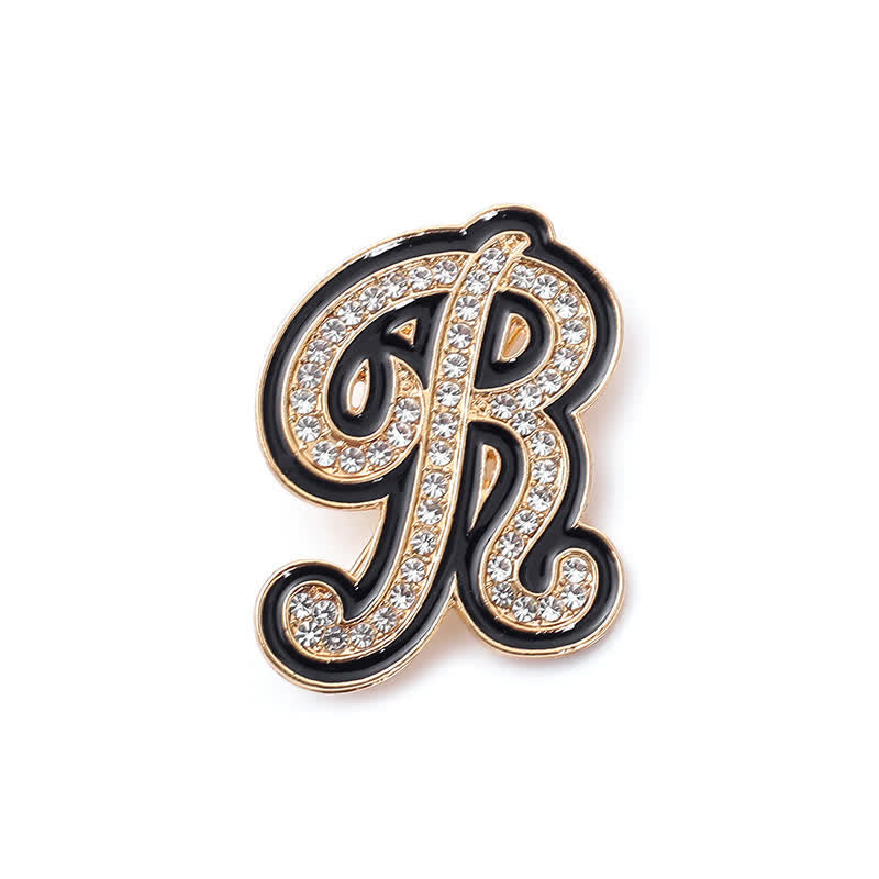 Black Enameled Initial Letter Rhinestone 26 Alphabet Brooch
