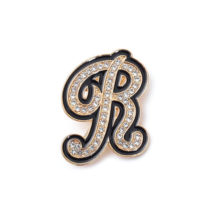 Black Enameled Initial Letter Rhinestone 26 Alphabet Brooch