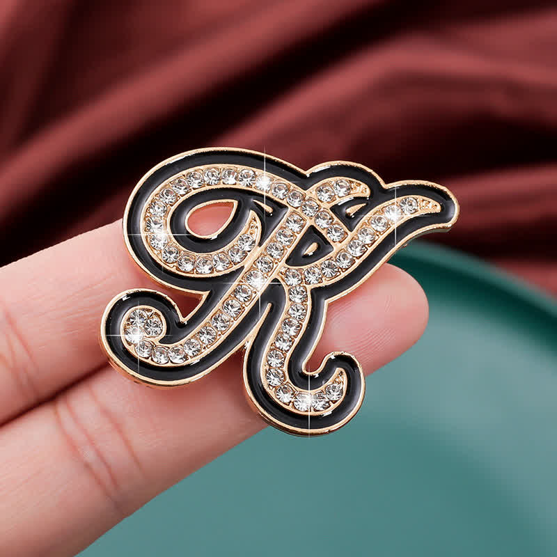 Black Enameled Initial Letter Rhinestone 26 Alphabet Brooch