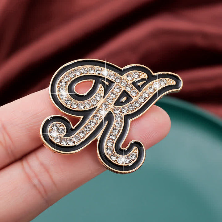 Black Enameled Initial Letter Rhinestone 26 Alphabet Brooch