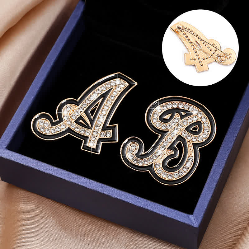 Black Enameled Initial Letter Rhinestone 26 Alphabet Brooch