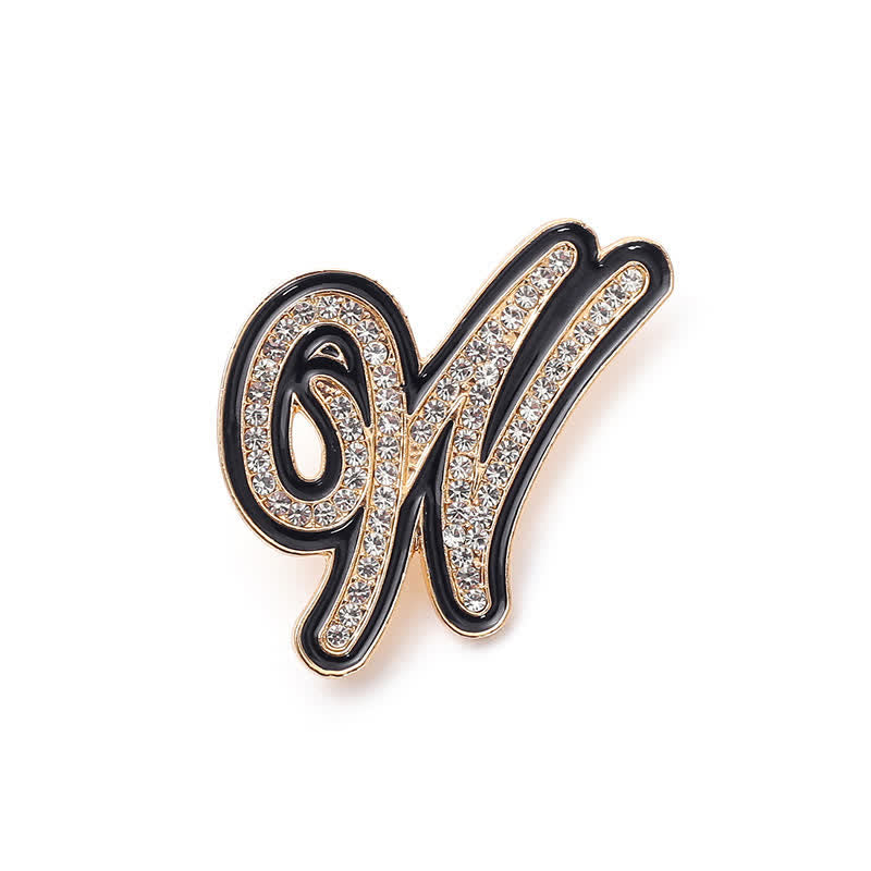 Black Enameled Initial Letter Rhinestone 26 Alphabet Brooch