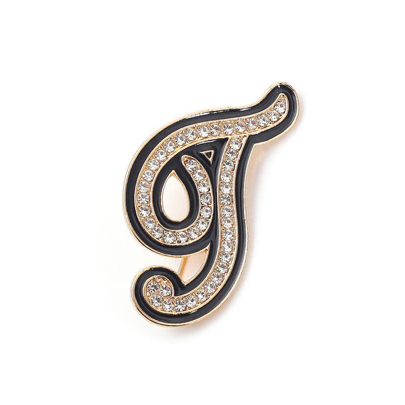 Black Enameled Initial Letter Rhinestone 26 Alphabet Brooch